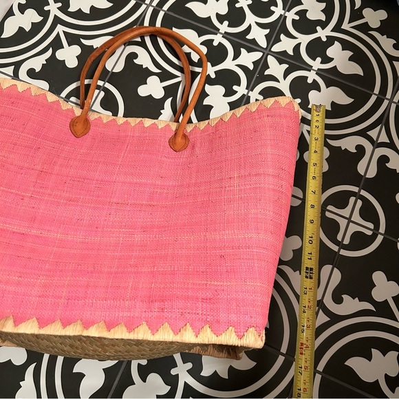 RAFFIA PINK WITH LEATHER HANDLE TOTE BAG Large NWOT - Picture 8 of 12